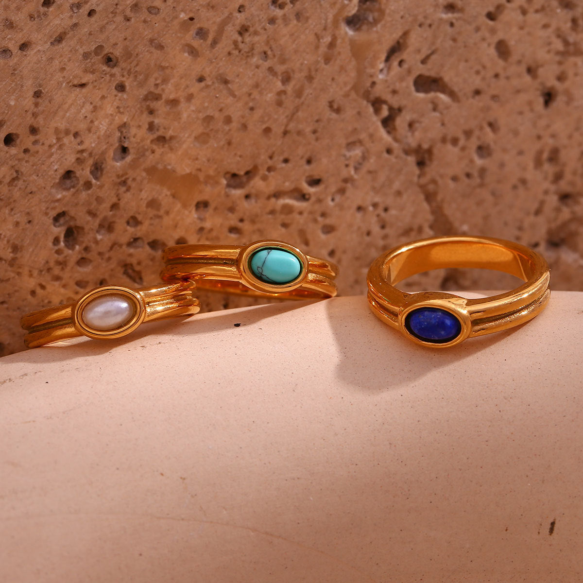 Minimalist Geometric Stainless Steel Ring with 18K Gold Plating and Natural Stone for Women