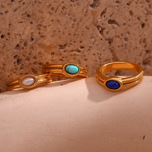 Minimalist Geometric Stainless Steel Ring with 18K Gold Plating and Natural Stone for Women