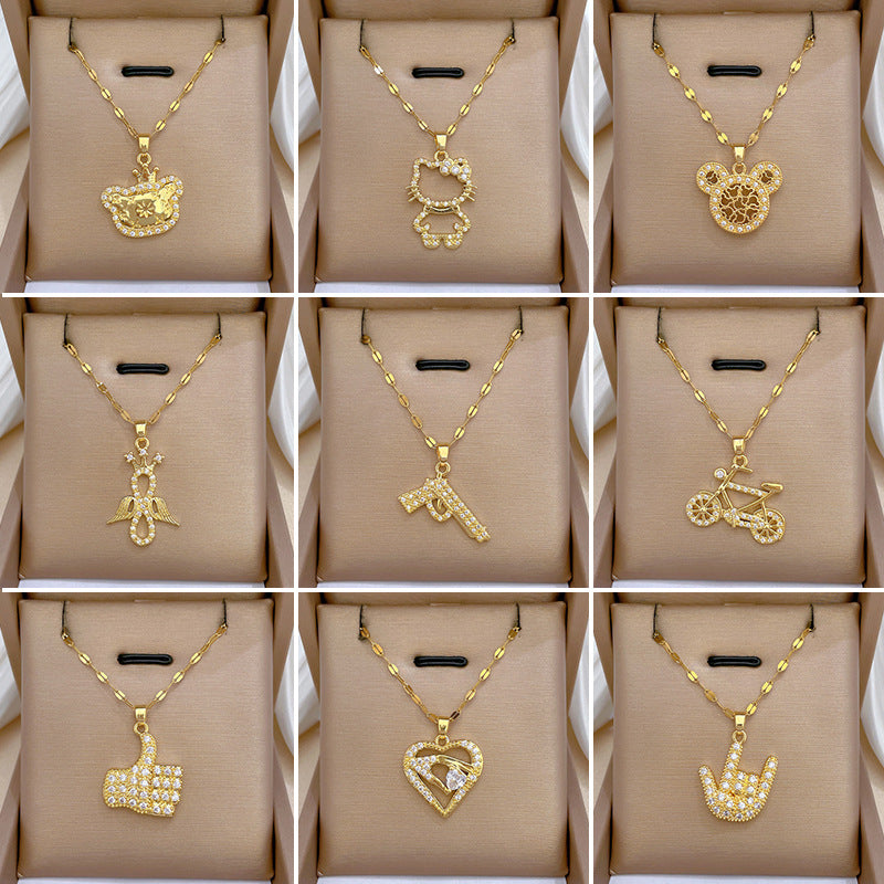 Four-Leaf Clover Rhinestone Pendant Necklace for Women Titanium Steel Irregular Chain Shell Locket Floral Style
