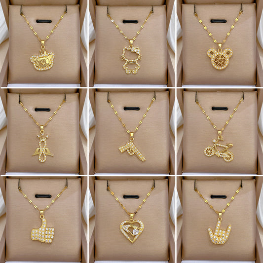 Collar con colgante de trébol de cuatro hojas y diamantes de imitación para mujer, de acero de titanio, cadena irregular, relicario de concha, estilo floral