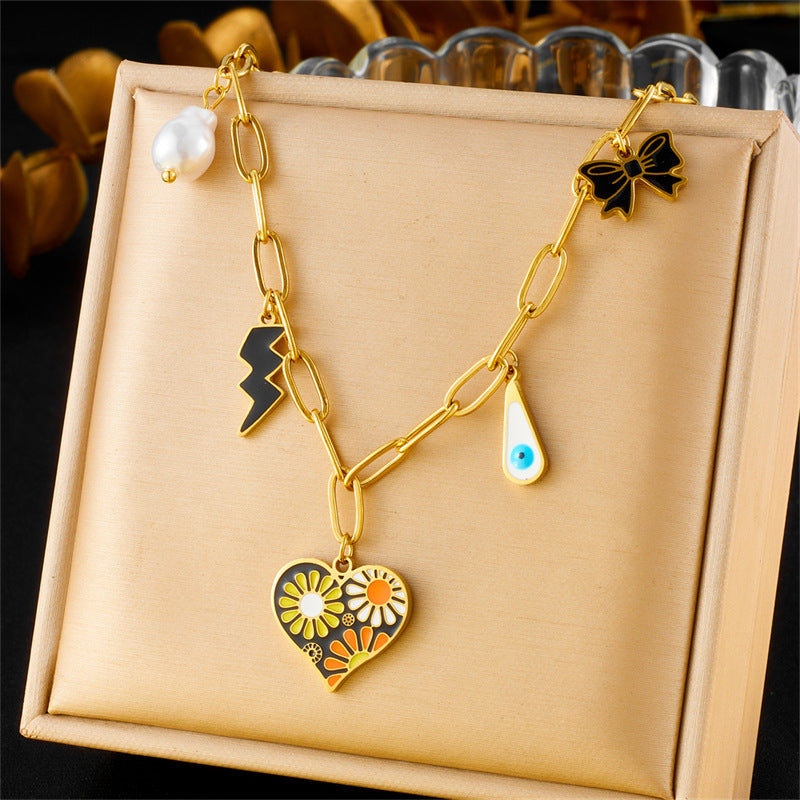 Fashion Drip Oil Plated Heart Butterfly Floral Stainless Steel Necklace with Cable Chain for Women