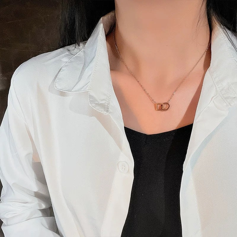 Minimalist Elegant Geometric Titanium Steel Plated Double Ring Necklace for Women