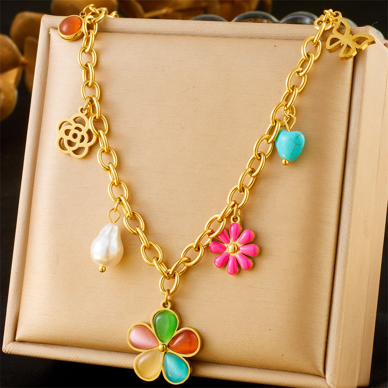 Fashion Colorful Resin Floral Butterfly Heart Hollow Pearl Stainless Steel Necklace Cable Chain