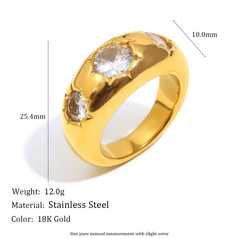Minimalist Geometric Stainless Steel Ring with 18K Gold Plating and Three Zirconia Stones for Women