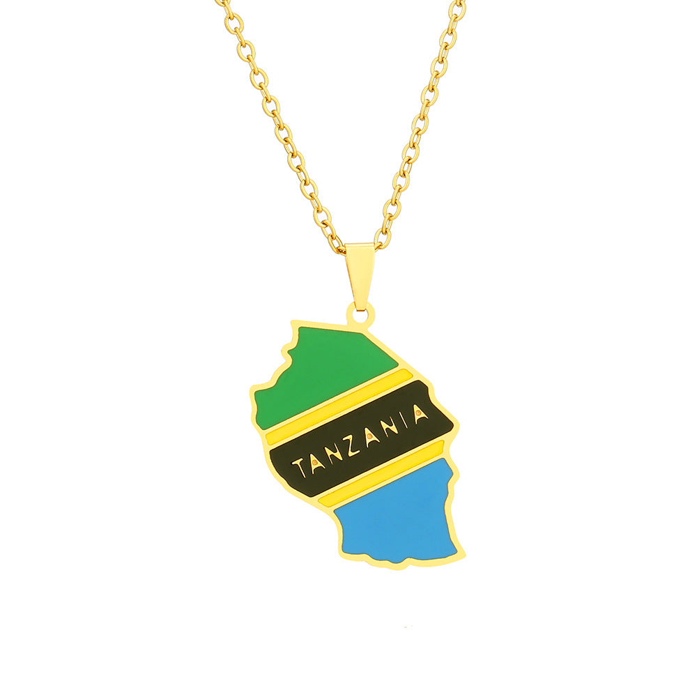 Collar con colgante de mapa de Tanzania y bandera, diseño geométrico étnico, de acero inoxidable con acabado chapado, unisex