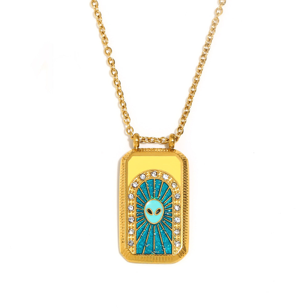 Vintage Elegant Geometric Square Stainless Steel Gold Plated Drip Oil Tarot Pendant Necklace for Women