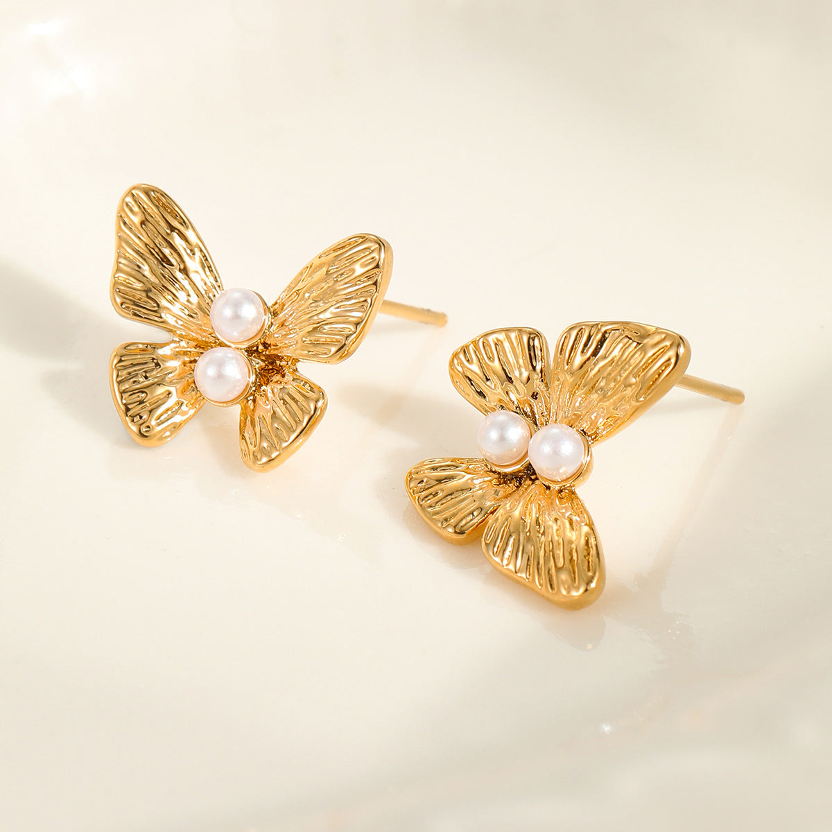 Fashionable Butterfly-Shaped Stainless Steel Earrings for Women with Plated Finish and Pearl Accents