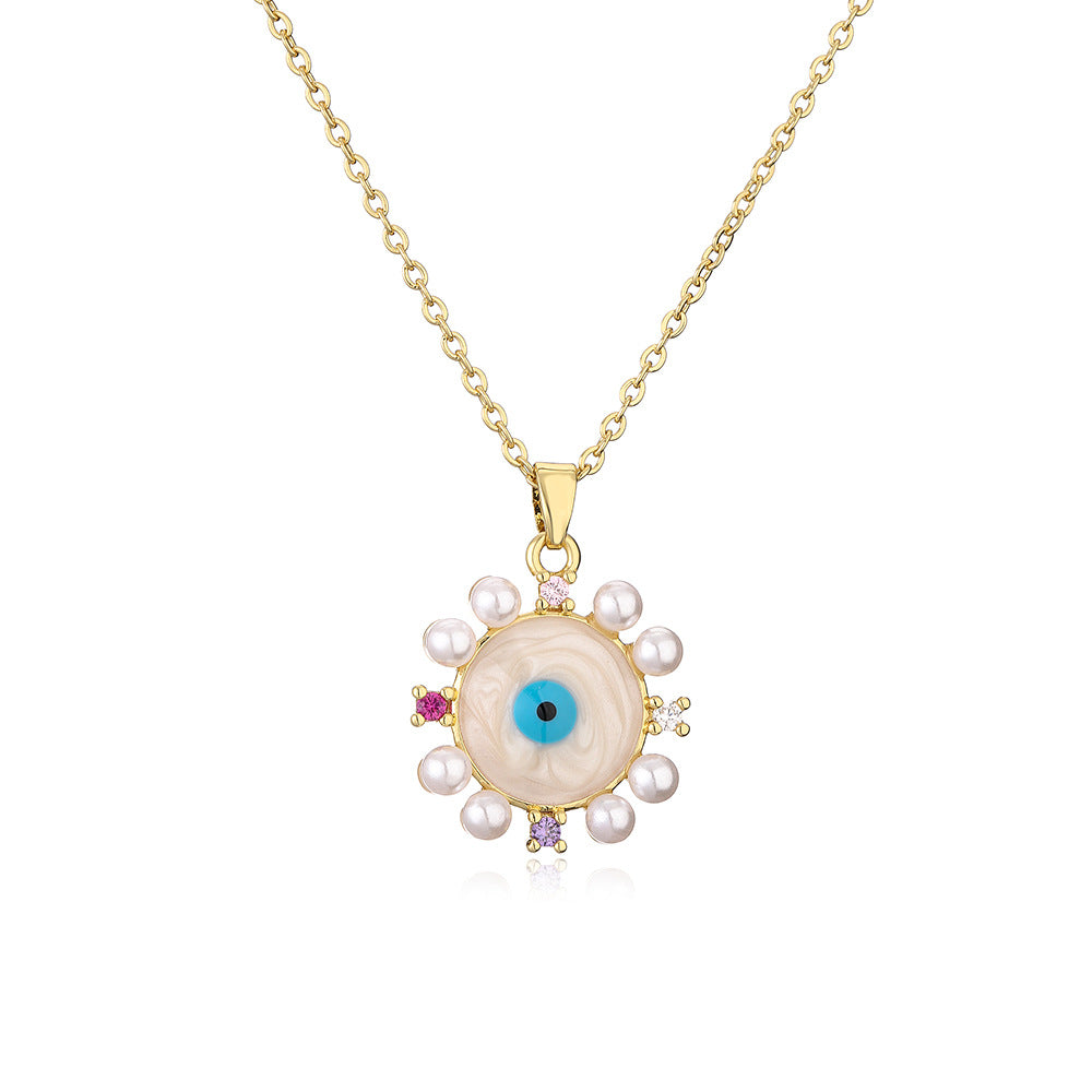 Minimalist Geometric Pendant Necklace for Women with Zircon and Pearl Accents on Copper Chain