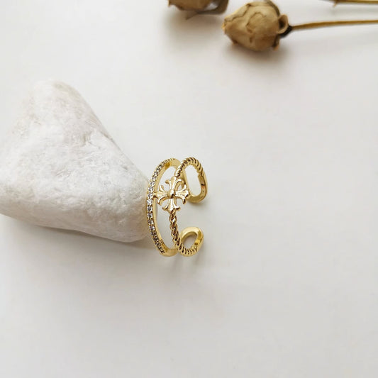 Anello Aperto a C a Doppio Strato Minimalista con Motivo Floreale in Rame Placcato Oro da Donna