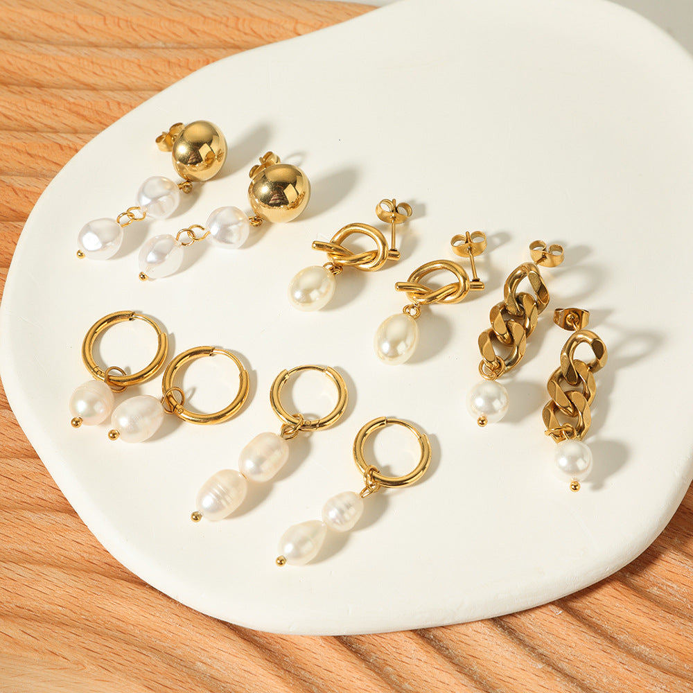 Elegant Baroque-Style Geometric Freshwater Pearl Earrings in Titanium Steel with 18K Gold Plating for Women