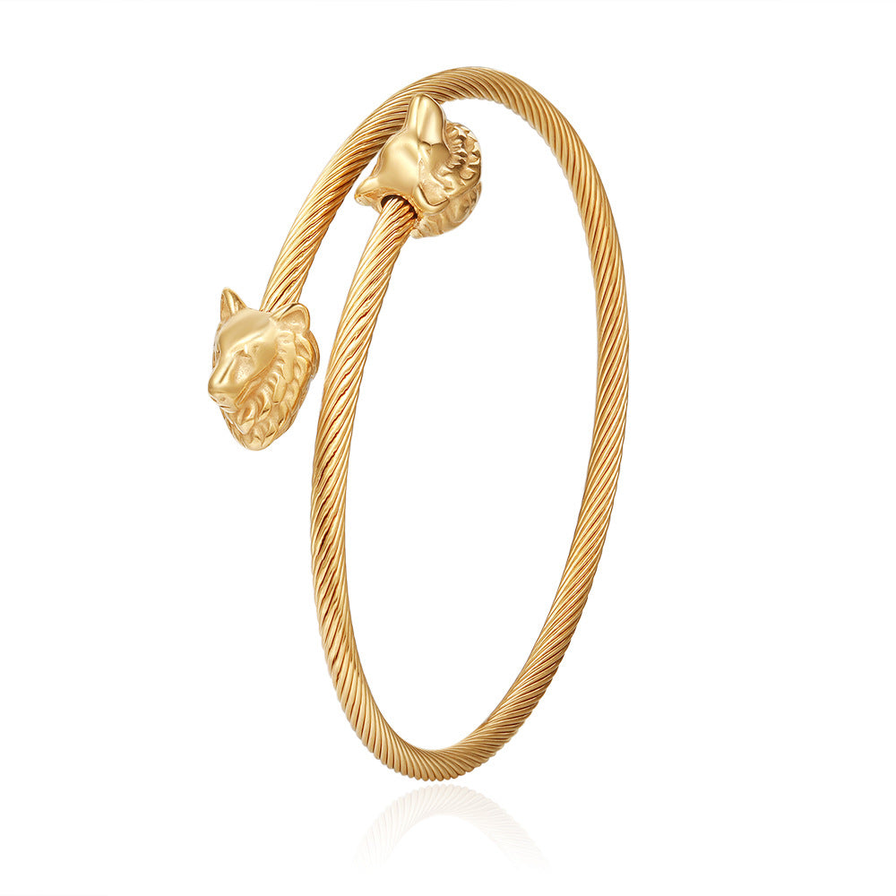 Minimalist Streetwear Titanium Steel Plated Wolf Head Open Cuff Bracelet for Men and Women