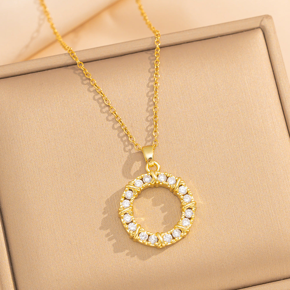 Luxury Minimalist Round Geometric Necklace Ring Set in Titanium Steel with Gold Plating and Rhinestone Inlay for Women