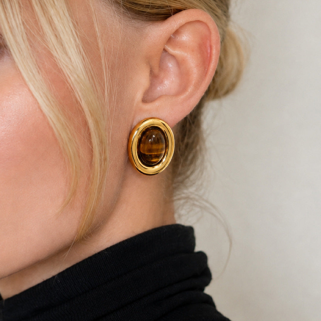 Vintage 18K Gold Plated Stainless Steel Oval Tiger Eye Stud Earrings for Women