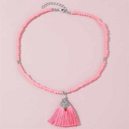 Collar Colgante de Borla de Estilo Bohemio para Niñas Hecho de Cuentas de Cristal con Diseño de Borla a juego en Cadena de Cuentas Redondas