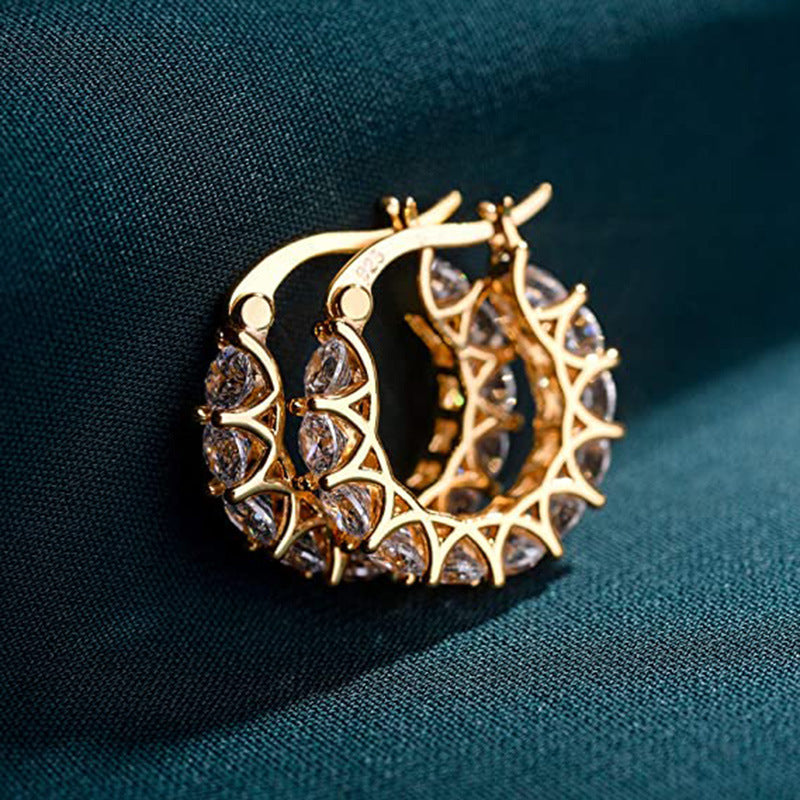 Orecchini a clip in rame, stile OL alla moda, con forma geometrica, pavé di zirconi e motivo asimmetrico a cristalli di ghiaccio, da donna