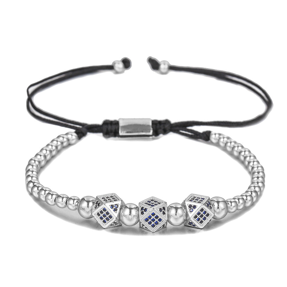 Unique Geometric Handmade Brass Bracelet with Cubic Zirconia and Adjustable Beads