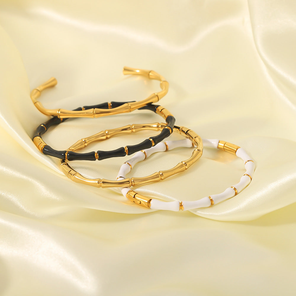 Minimalist Bamboo-Shaped Titanium Steel C-Clasp Bracelet for Women with Plated Finish
