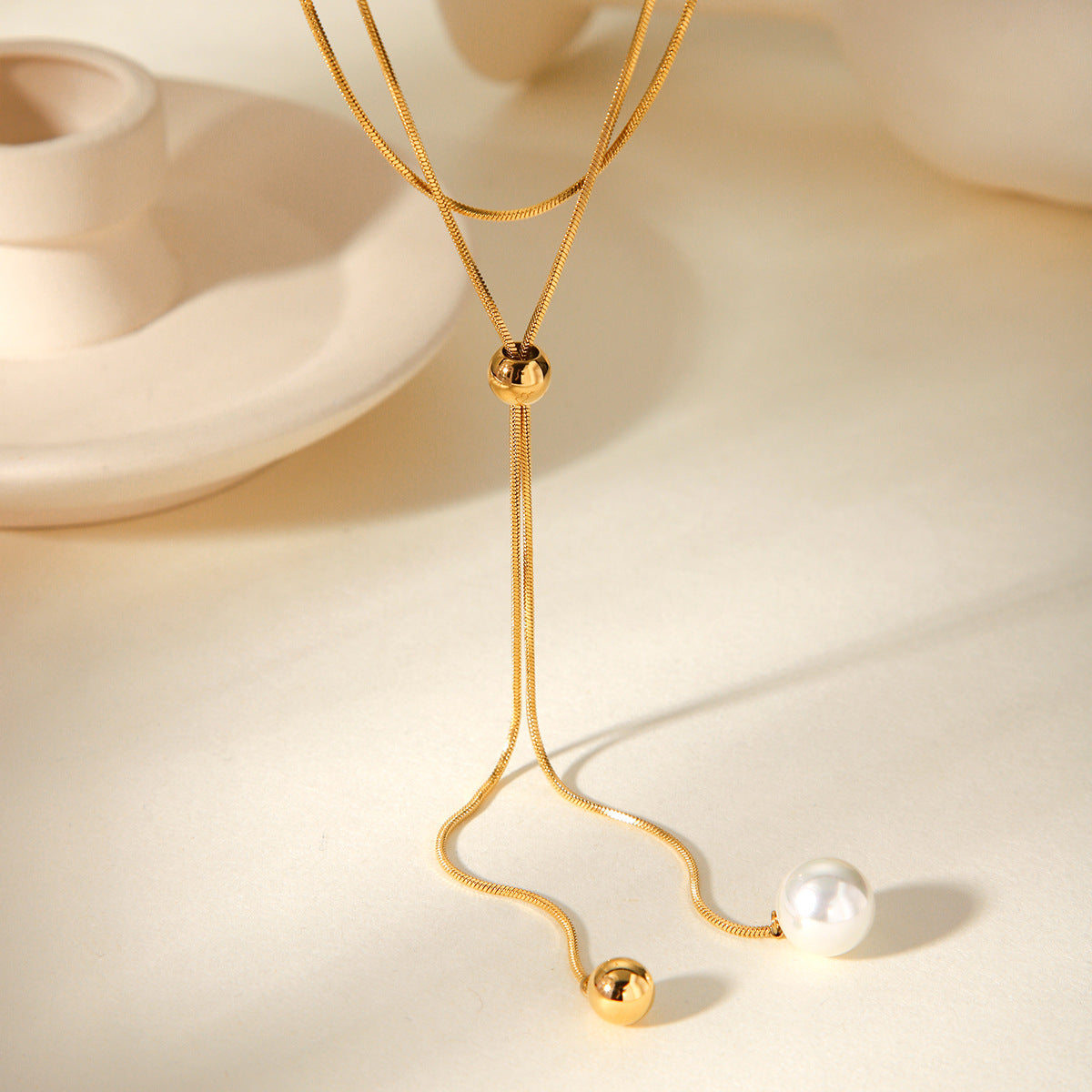 Minimalist Geometric Stainless Steel Pendant Necklace with Titanium Steel Ball Charm, Adjustable Snake Chain for Women