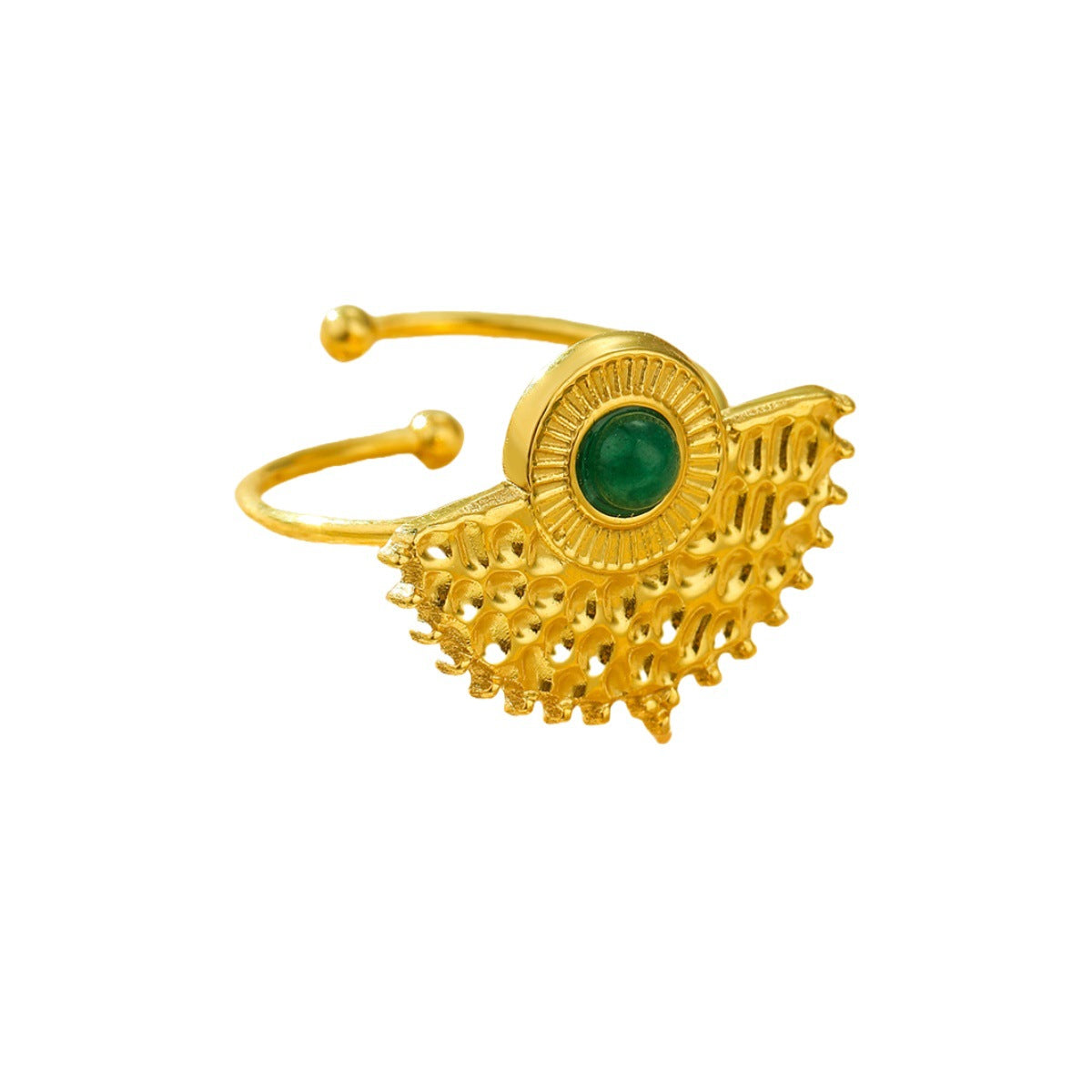 Anillo con forma de abanico a la moda de acero inoxidable con baño de oro de 18 quilates e incrustaciones de turquesa, ajustable para mujer