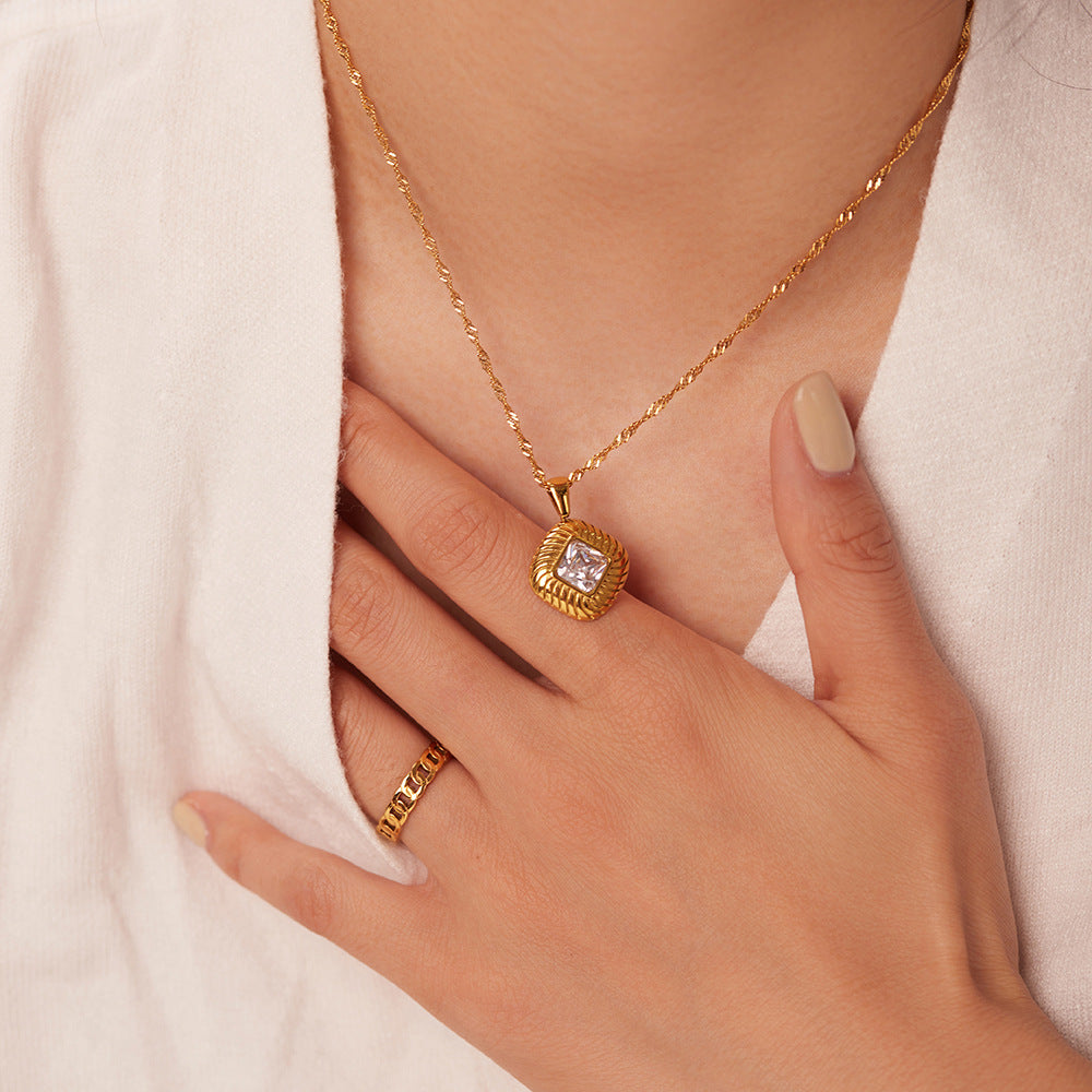 INS Style Stainless Steel Necklace with 18K Gold Plated Square Textured Button Pendant and White Pink or Green Cubic Zirconia for Women