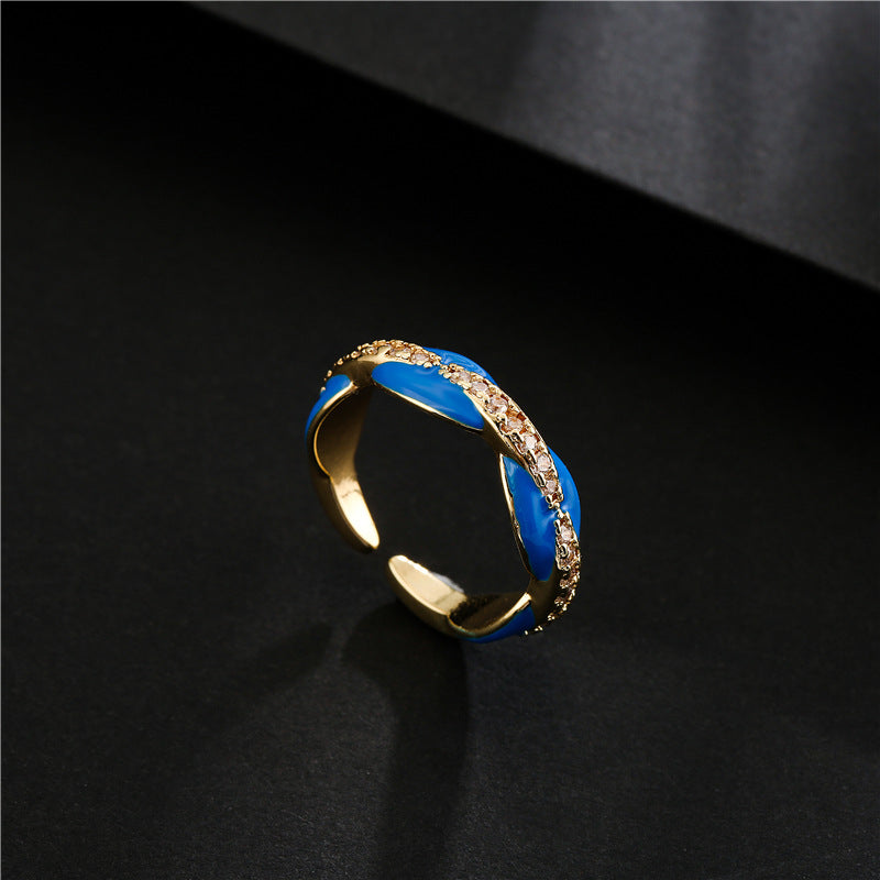 Elegant 18K Gold Plated Geometric Brass Ring with Colorful Drip Oil and Micro-inlaid Cubic Zirconia