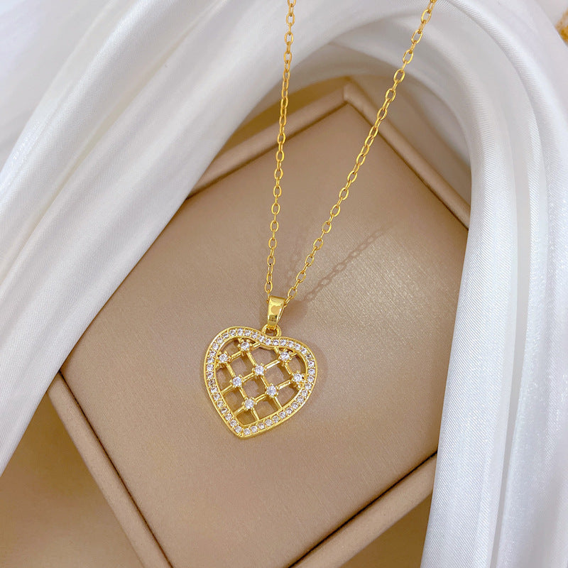 Minimalist Hollow Heart Shaped Zirconia Encrusted Necklace for Women Stainless Steel Delicate Clavicle Chain