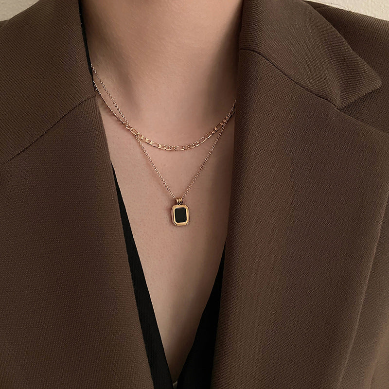 Minimalist Geometric Black Square Titanium Steel Necklace for Women and Men, Hypoallergenic Plated Locket Chain