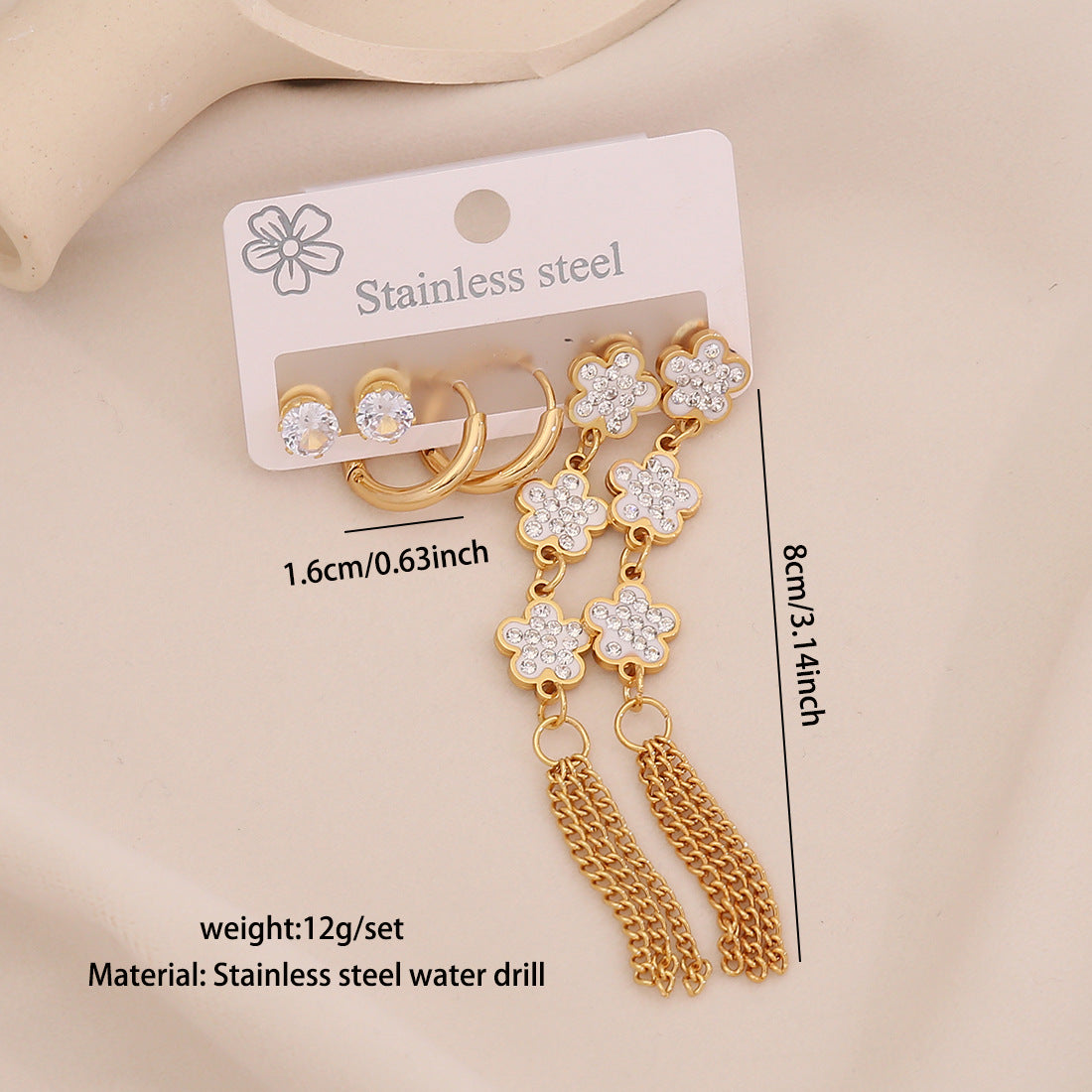 Fashionable Floral and Teardrop-Shaped Stainless Steel Stud Earrings with Dangle Fringe for Women