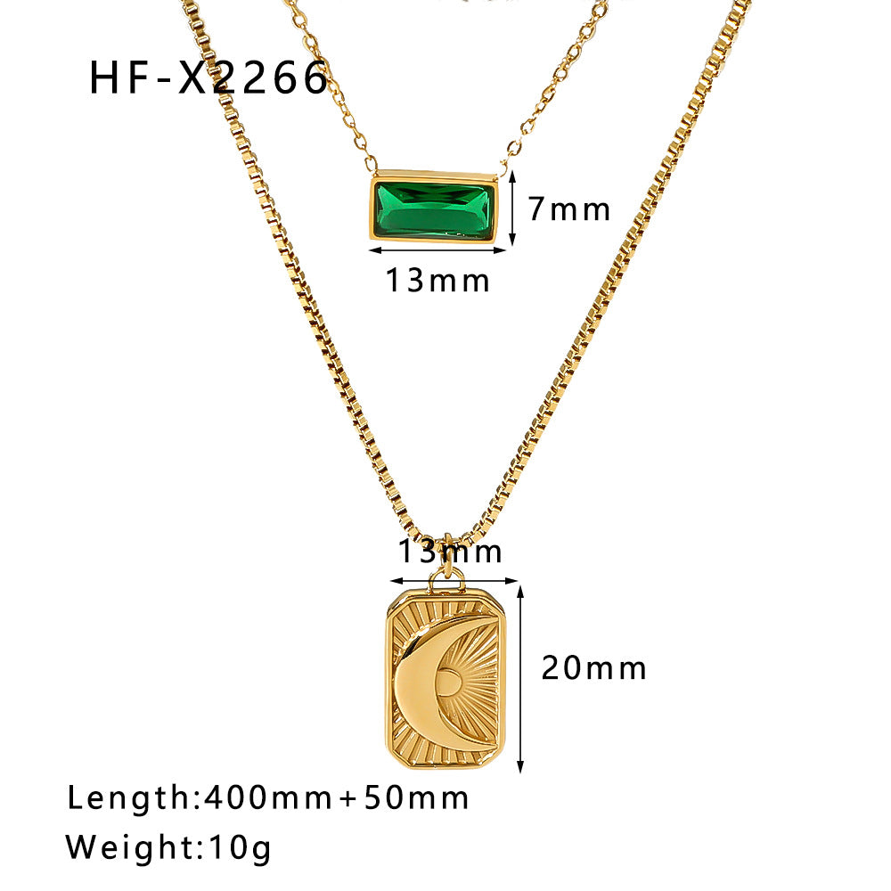 INS Style Moon and Sun Pendant Necklace Set with Zirconia on Stainless Steel Double Layer O-Chain for Women
