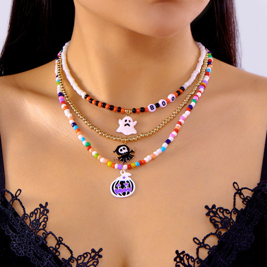 Collar Gargantilla Fantasma y Calabaza de Halloween con Colgante de Aleación, Cuentas de Arroz de Colores Multicapa, Estilo Bohemio Artesanal