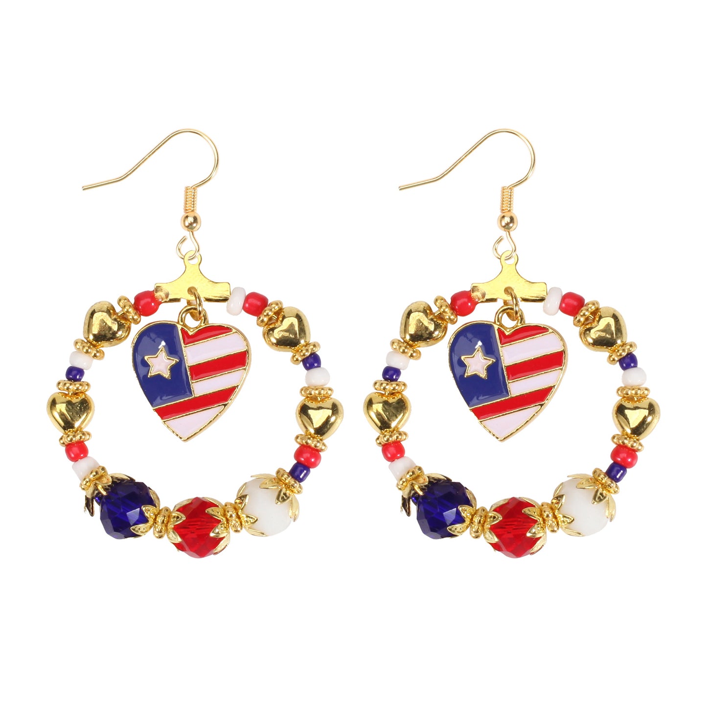 Patriotic Round Star Heart Rhinestone Plated Brass Earrings for Women