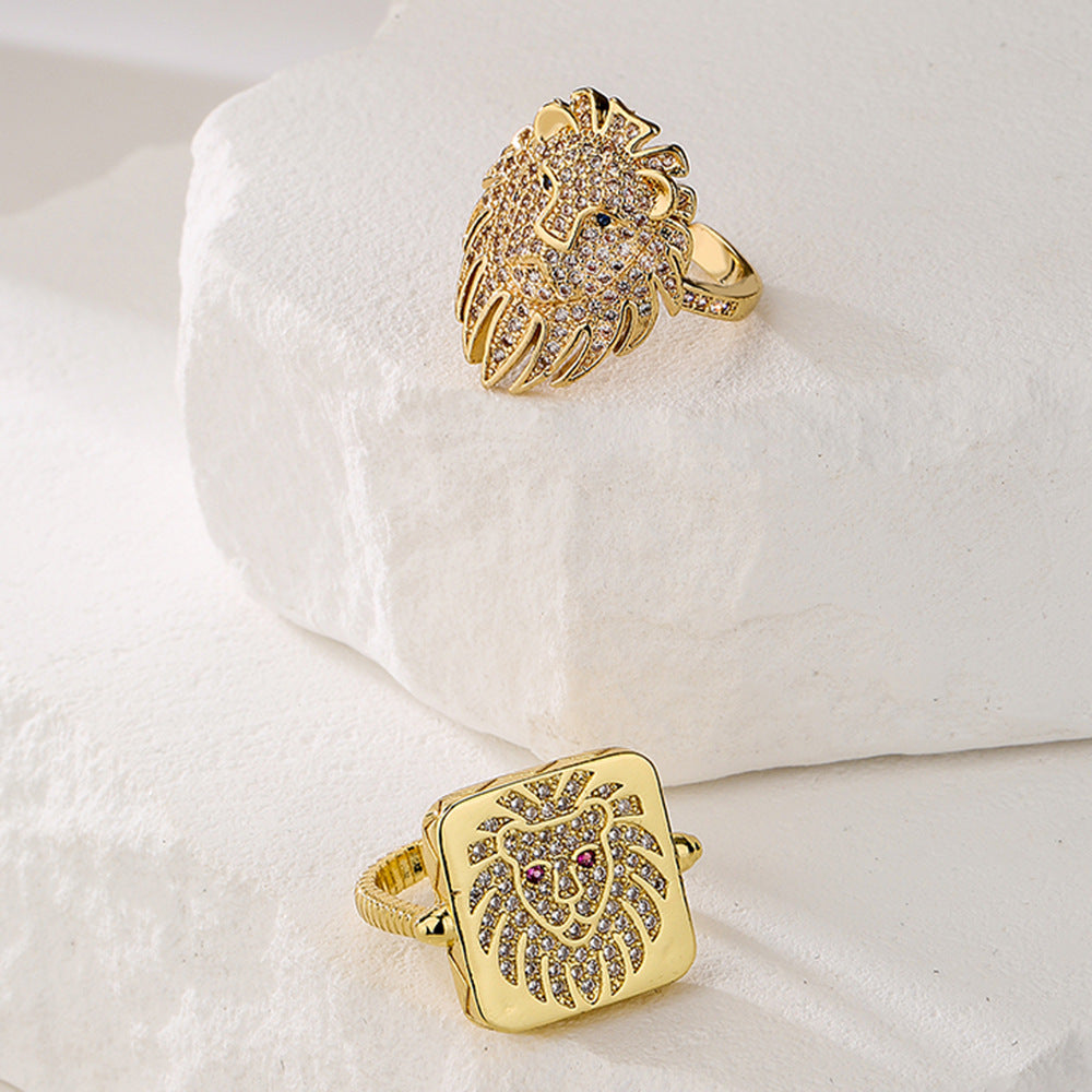 Anello da donna minimalista a forma di leone geometrico in rame placcato oro con intarsio in zircone