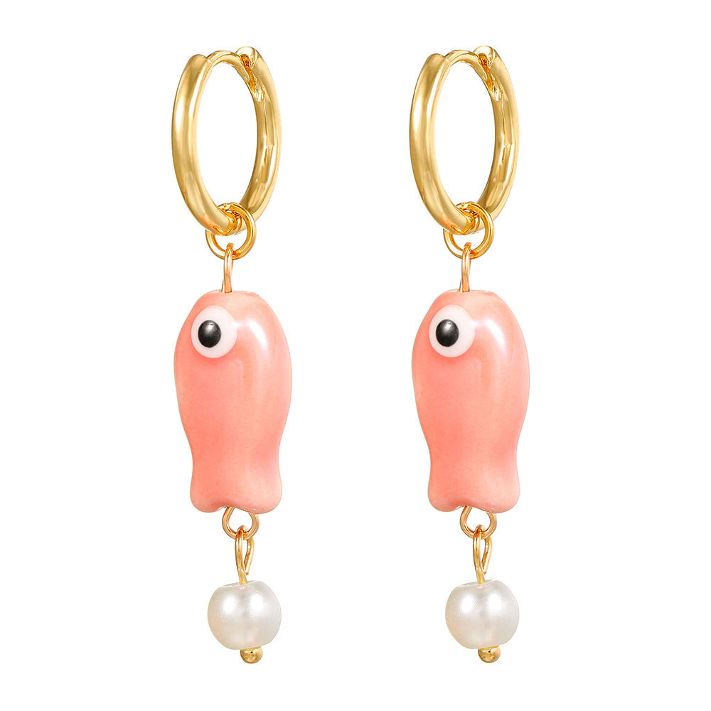 Cute Cartoon Fish Geometric Round Ceramic Brass Earrings for Women