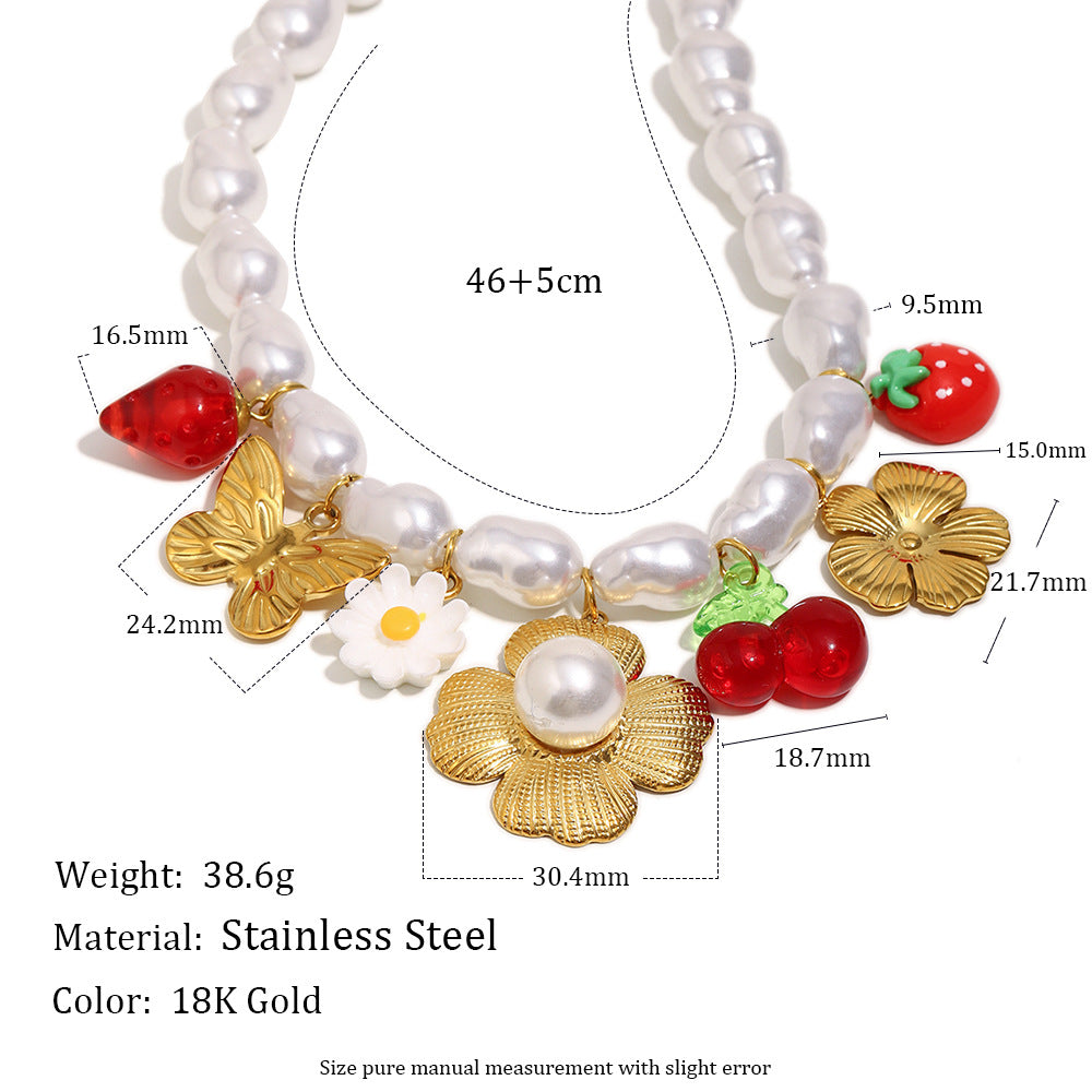 Baroque Floral Butterfly Pendant Necklace for Women in Stainless Steel with 18K Gold Plating and Simulated Pearl Accents