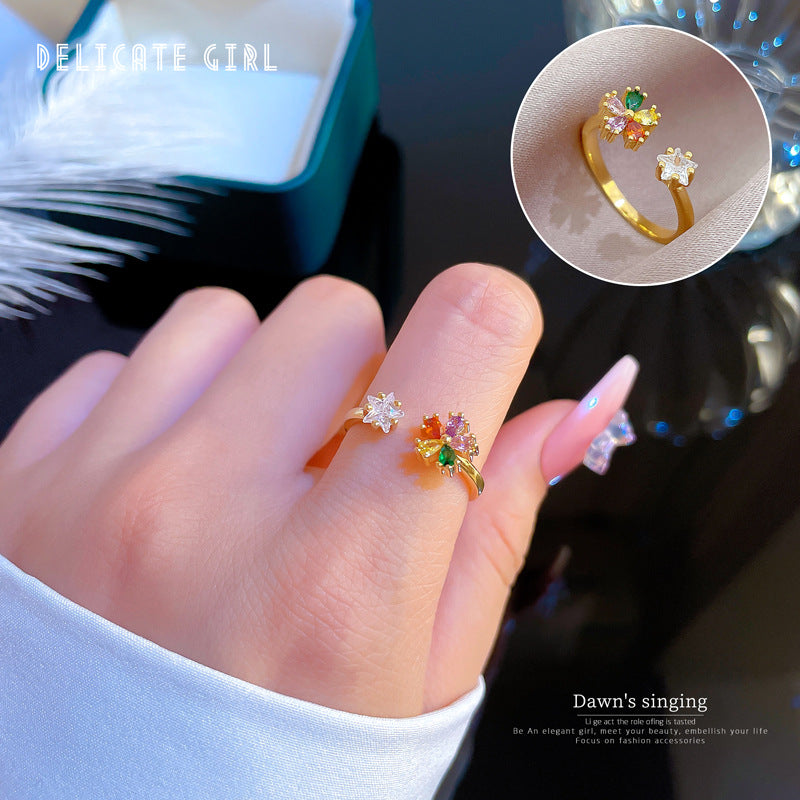 Anello aperto minimalista floreale placcato oro da donna con strass a forma di corona, ideale come regalo di compleanno