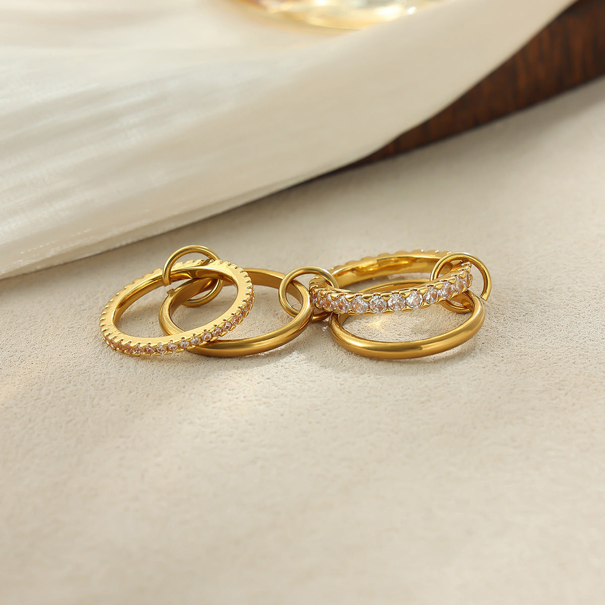 18K Gold Plated Stainless Steel Geometric Ring with Cubic Zirconia Inlay for Women