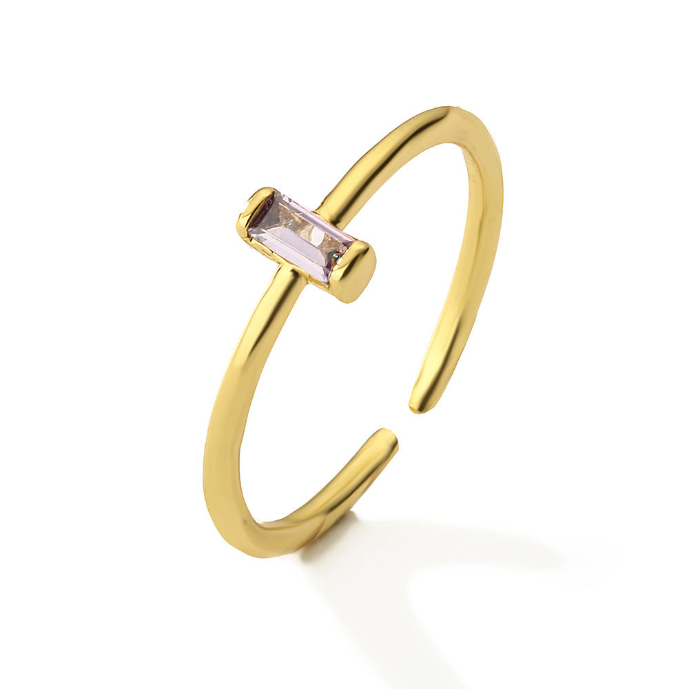 Minimalist French-Style Geometric Copper Ring with Real Gold Plating and Zircon Inlay for Women Adjustable Stackable Band