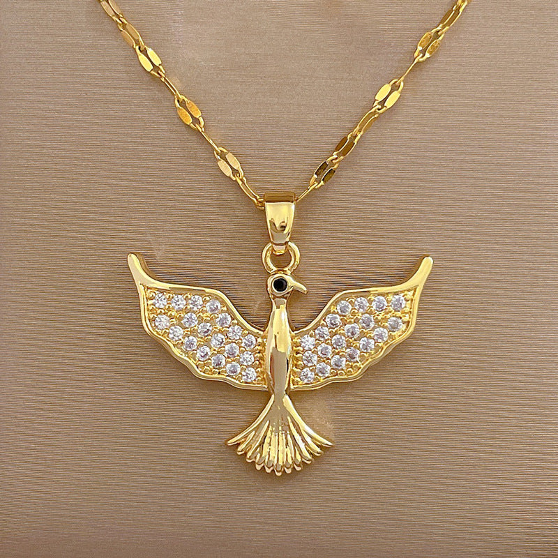 Elegant Geometric Bird Pendant Necklace for Women Stainless Steel Chain with Full Rhinestone Accents Lightweight Delicate Clavicle Chain
