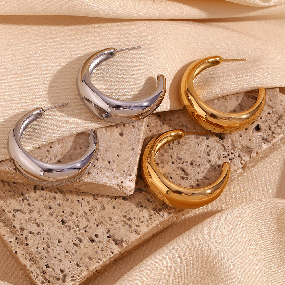 Minimalist Geometric Moon-Shaped Stainless Steel Earrings with 18K Gold Plating for Women