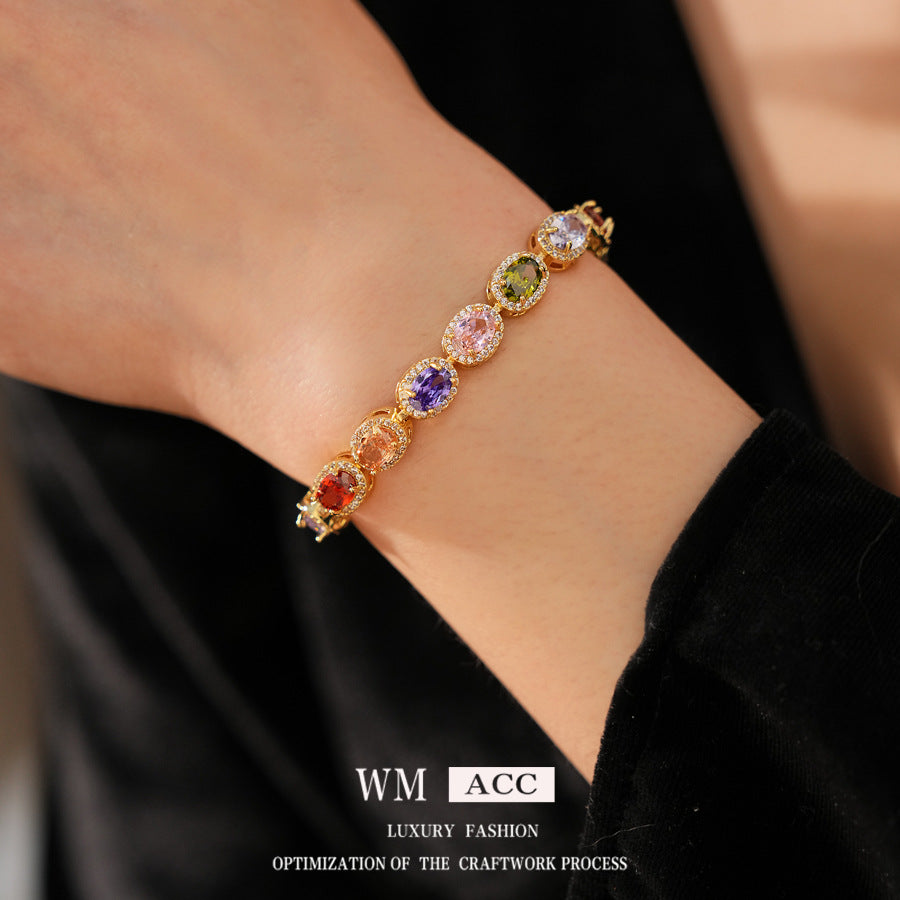 Vintage Luxury Oval Geometric Brass Bracelet with Cubic Zirconia Inlay for Women