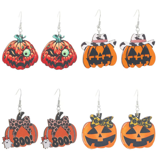 Orecchini in Legno Teschio Zucca Gotica di Halloween con Perno in Oro 14K, Forma Geometrica, Design Stampato