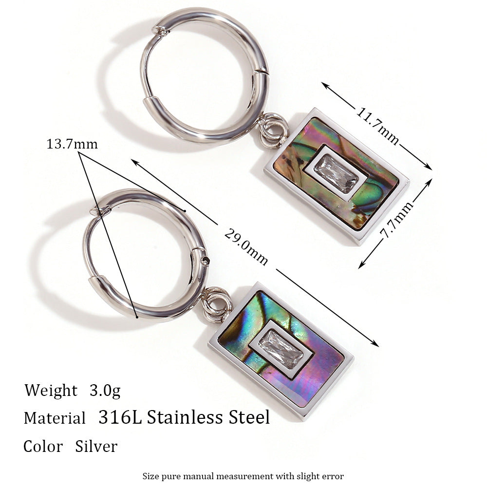 Minimalist Geometric Stainless Steel Plated Rectangle Abalone Shell and Zircon Earrings for Women