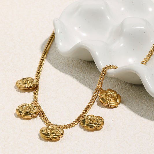 Geometric Floral Pendant Necklace for Women Stainless Steel with 18K Gold Plating Snake Chain Style