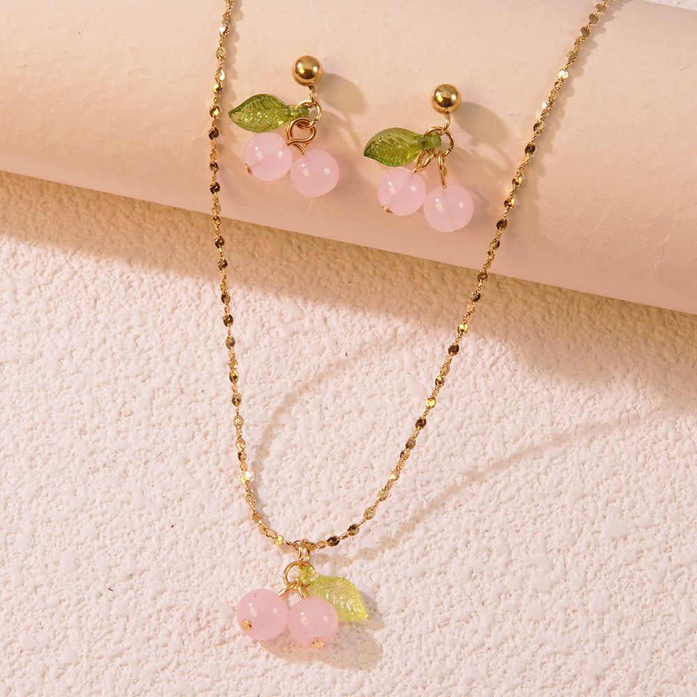 Sweet Cherry Titanium Steel Plated Necklace and Earring Set for Women