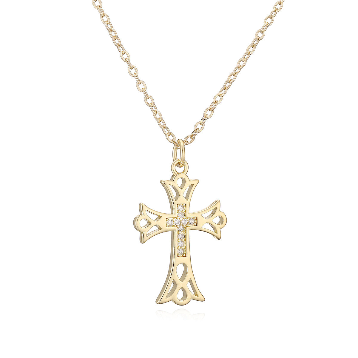 Minimalist 18K Gold Plated Brass Cross Pendant Necklace with Cubic Zirconia for Women
