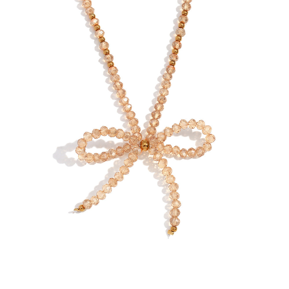Fashionable Bow-Shaped Stainless Steel Necklace with Champagne Faceted Crystal Pendant for Women