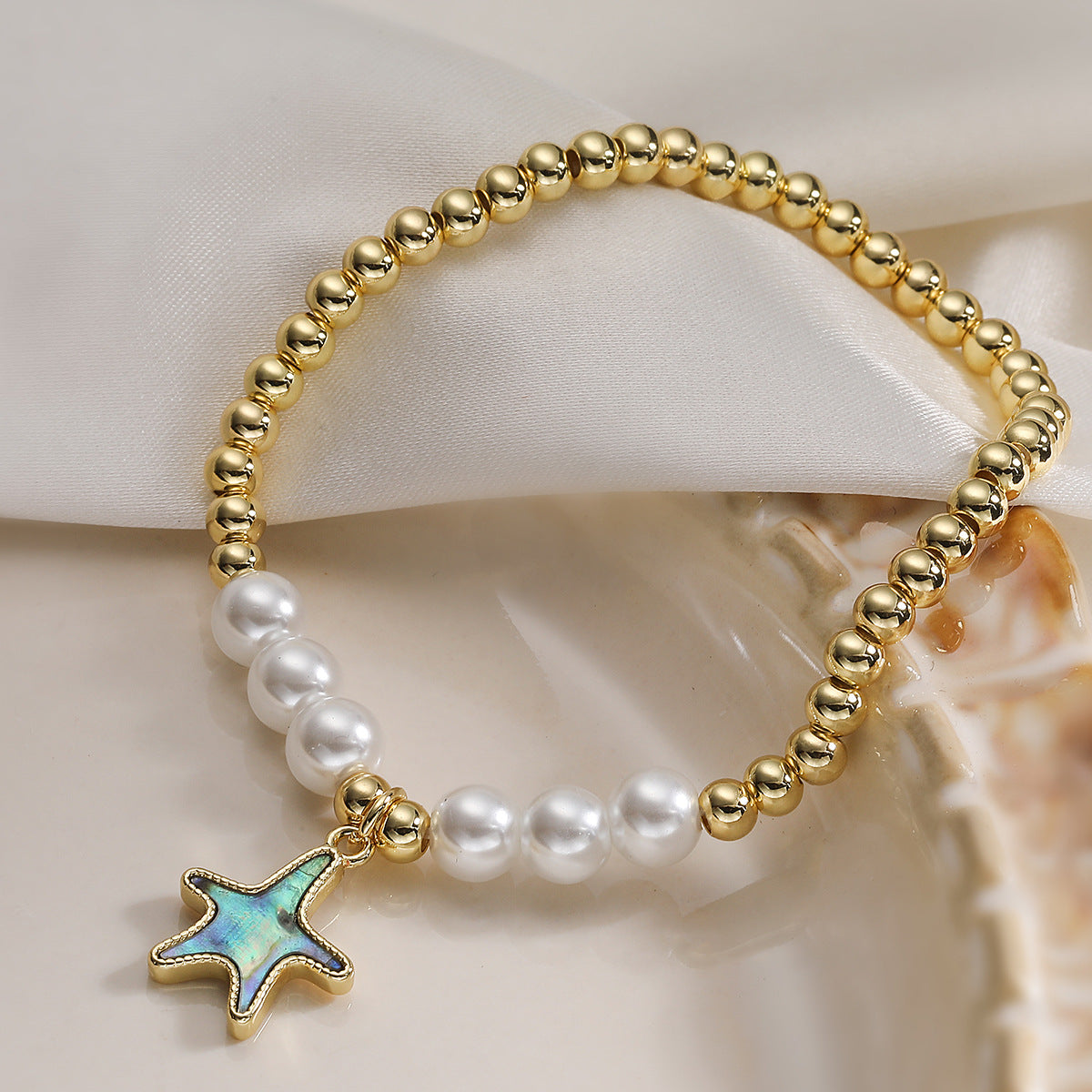 Minimalist Elegant Gold Plated Brass Geometric Starfish Beaded Bracelet for Women