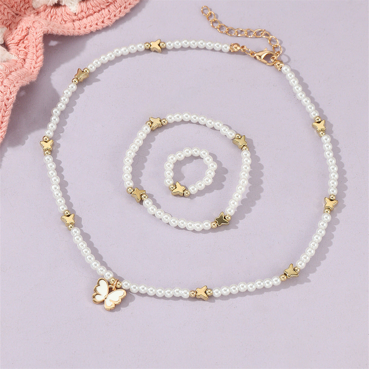 Simpatico Set di Gioielli per Bambini a Forma di Farfalla e Stella Collana Anello Braccialetto Pendente in Resina Plastica Lega Fatto a Mano con Perline Rotonde Catena