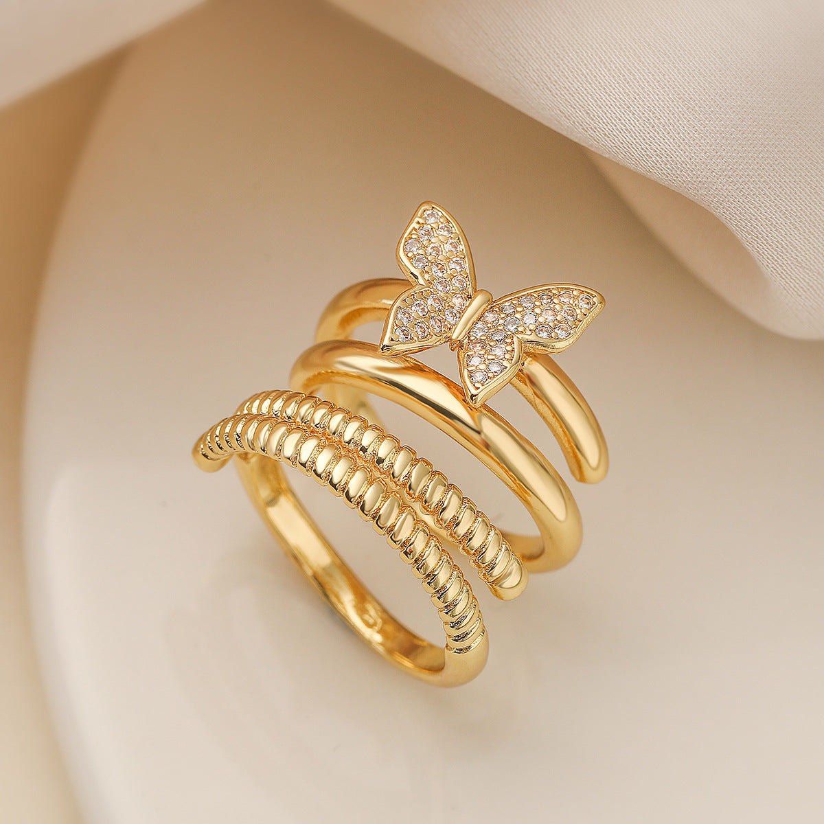 Minimalist Butterfly-Shaped Copper Ring with Gold Plating and Zircon Inlay for Women