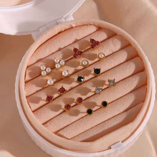 Pendientes Minimalistas de Acero Inoxidable con Perlas y Circonitas Redondas para Mujer con Acabado Chapado